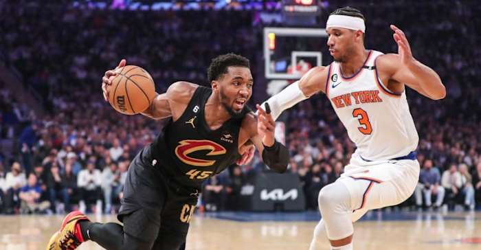 Donovan Mitchell (L) drives against Josh Hart during last year's playoffs